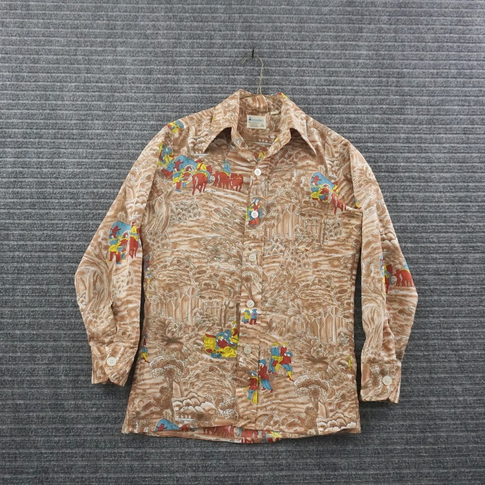 Vintage 70s Alexander's Button Up Shirt Small Tan Disco Novelty Print Scenic